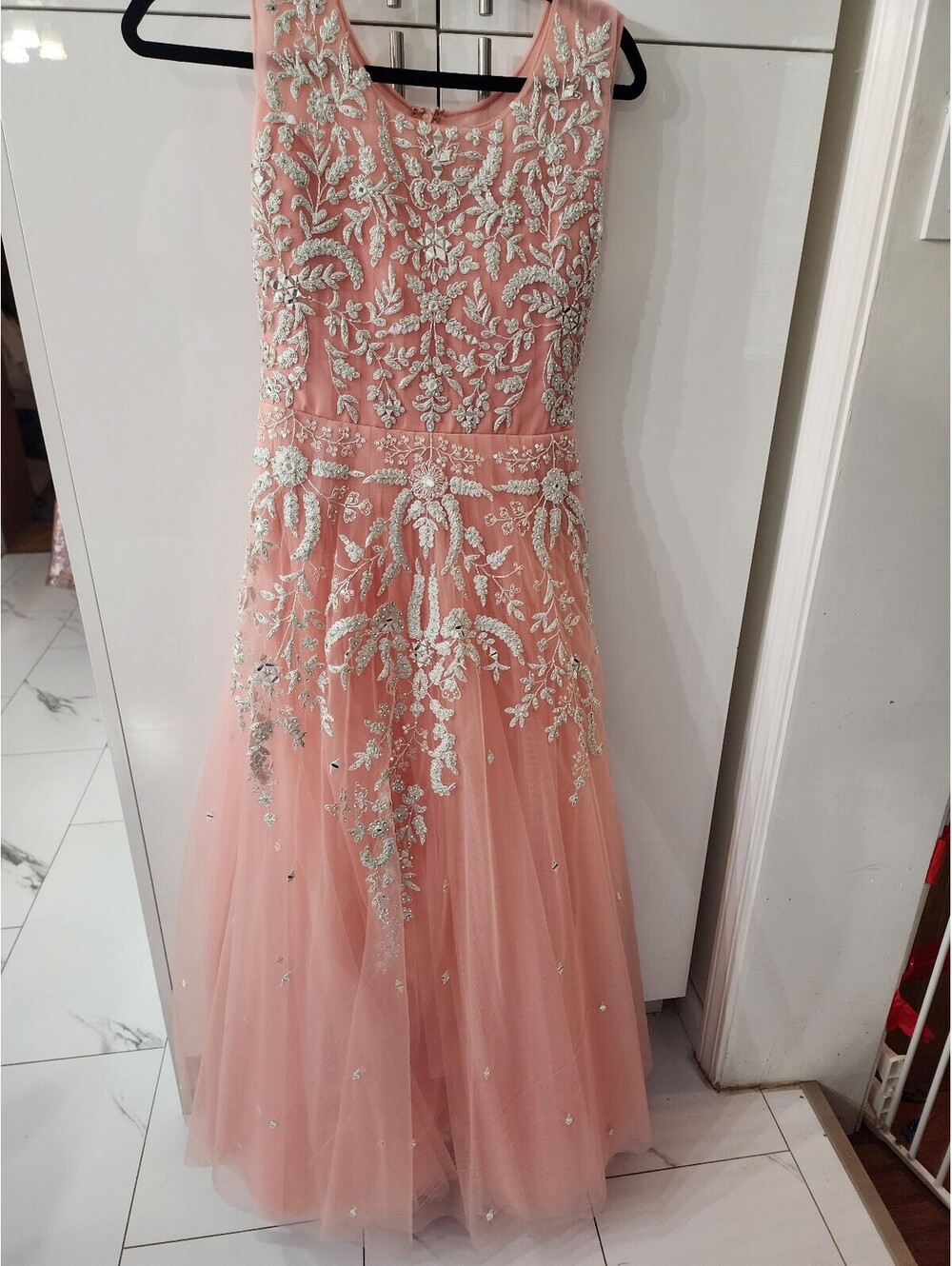 Elegant Pink Embroidered Evening Gown 56 inch long 28 waist 33 pit to pit